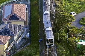 Derailed train car in Japan