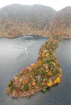 Lake Chuzenji peninsula in Nikko ablaze with autumn leaves