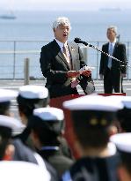 Defense minister Nakatani speaks aboard Izumo destroyer