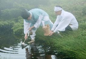 Sacred water-taking ritual at shrine on Mt. Daisen, western Japan