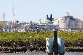 Gas liquefaction plant in Queensland, Australia, shown to press