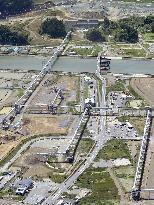 Aerial view of giant conveyor belt in tsunami-hit northern Japan city