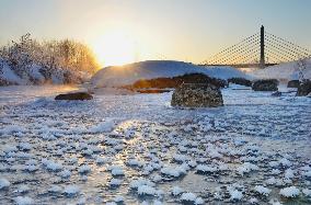Frost flowers on icy river in Hokkaido