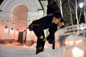 Snow Crystal Museum lit with ice candles in Asahikawa, north Japan