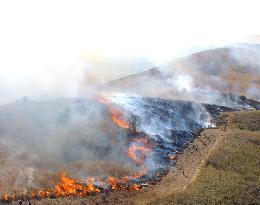 Dead grass burned on Akiyoshi Plateau