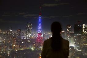 Tokyo Tower lit up in blue, white, red in tribute to Paris victims