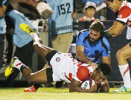 Japan center Matsushima scores try in test rugby match vs. Uruguay