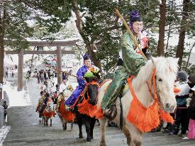 Dosanko horses ridden to New Year's prayers at Hokkaido shrine