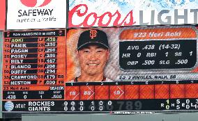 Batting stats of Giants' Aoki shown on scoreboard