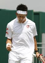 Japan's Nishikori in action at Wimbledon