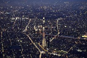 Tokyo Skytree illuminated in orange before 5th anniversary