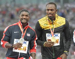 Bolt at award ceremony for men's 100 meters
