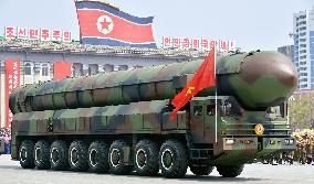 N. Korea stages military parade on birthday of its founder