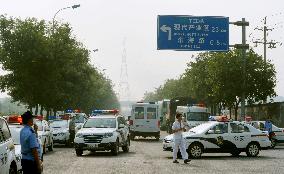 Road blocked near blast site in Tianjin
