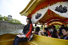 Reporters enjoy tourism campaign cruise in moat around Osaka Castle