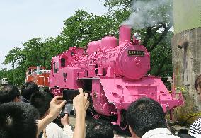 Pink steam locomotive displayed in Tottori Pref.