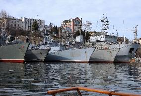 Ukrainian naval ships anchored in Crimea after seizure by Russia