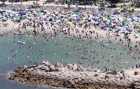 Crowded beach in sizzling Japan