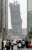 CCTV's leaning building under construction in Beijing
