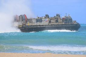 Air-cushion landing craft on sea during U.S. military drill in Hawaii
