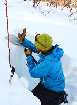 Ski guide checks snow to protect skiers from avalanches