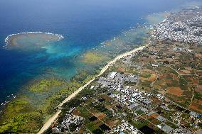 Aerial view of Okinawa coastline, U.S. military's 1945 landing site