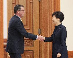 S. Korean President Park greets U.S. defense chief Carter