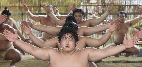 Sumo wrestlers in preparation for Nagoya tourney