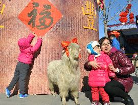 Mother, daughter pose by stuffed sheep in Beijing park