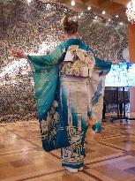 Model wearing Russia-themed kimono