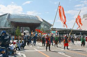 People in feudal attire parade at festa in Kanazawa, central Japan