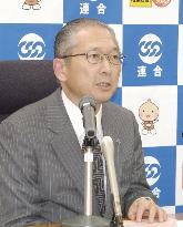 Japanese national labor center leader meets press in Tokyo