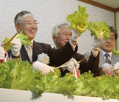 Orix chairman shows lettuce at artificially lit factory