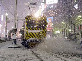 Snow plow in action in Hokkaido, northern Japan