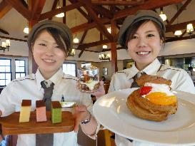 Sales clerks show off Japanese sponge cakes at Nagasaki cafe