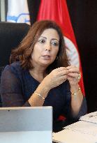 Wided Bouchamaoui speaks to Kyodo News in Tunis
