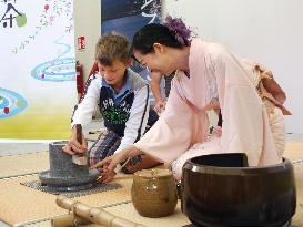 Visitors grind green tea leaves at Japan's Expo Milano pavilion