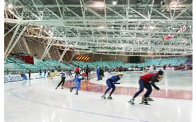 (CORRECTED)Speed skaters practice at Oval Lingotto for World Cup