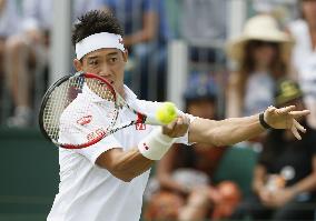 Japan's Nishikori in action at Wimbledon