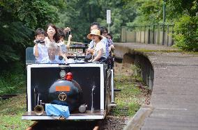 Tram passes old railway station in southwestern Japan