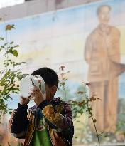 Chinese pupil eats breakfast before Mao Zedong's portrait