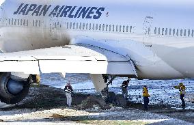 JAL plane running off taxiway at Narita