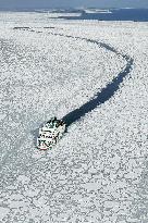 Drift ice comes alongside pier in Hokkaido