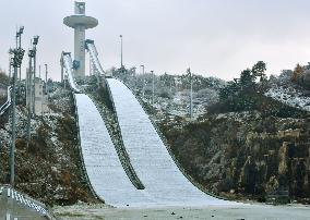 Nordic ski jumping hill for 2018 Olympics covered with snow