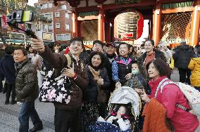 Foreign tourists at Tokyo's Kaminarimon gate