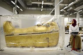King Tutankhamun's gilded sarcophagus undergoing restoration