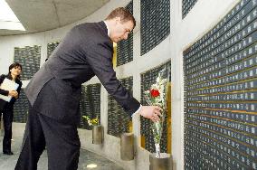 Prince Andrew visits monument for Hanshin earthquake victims