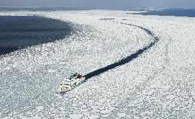 Drift ice comes alongside pier in Hokkaido