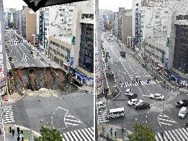 Road reopened after huge sinkhole in Fukuoka is filled with soil