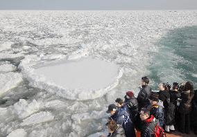 Tourists watch drift ice off Hokkaido